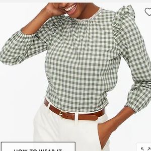 J. Crew Long-sleeve ruffle-shoulder top in pale cypress and ivory, NWT
